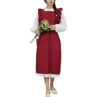 Schmutzabweisende Damen-Kittelschürze Mit Rüschen, Vintage-Schürze Mit Gekreuzter Rückseite, Baumwollschürze Mit Taschen Zum Kochen, Malen, Backen F,One Size