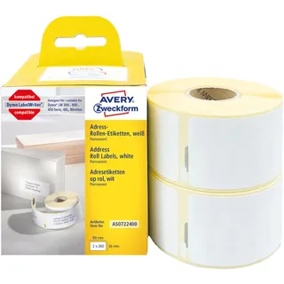 Avery Zweckform Adressetiketten AS0722400 Weiß 36 x 89 mm 2 Rolle à 260 Etiketten
