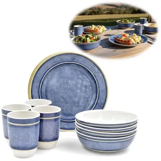 LS-LebenStil Geschirr-Set Camping-Geschirr Set 12-teilig Maritim Blau Weiß 4 Personen Picknick (12-tlg), 4 Personen, Kunststoff, Becher Teller Schüsseln - ideal beim Camping Wandern blau|weiß