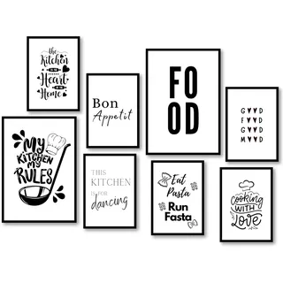 MJ-GRAPHICS® Poster Set Küche Wanddeko Küche Poster Witzig Wanddeko Bilderset Kaffee Nudeln Spruch, Küchenbilder Deko, Wanddeko Poster Küche, 2x A3 & 6xA4 Küchen Bilder Wandbild Küche - ohne Rahmen