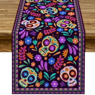 Dia De Los Muertos Tischläufer, Leinen, rustikal, mexikanisch, Toten-Motiv, Dekoration für Haus, Küche, Esszimmer, 33 x 182,9 cm
