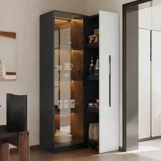 BTM Vitrine und Bücherregal mit Glastüren, Seitenauszug, Hochschrank Glasvitrine Stehend Vitrinenschrank mit LED Beleuchtung, Schwarz