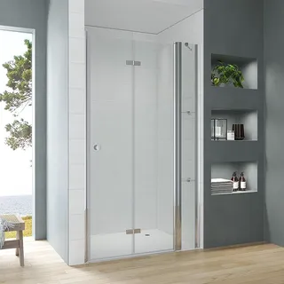 Duschtür Glas 140cm Verstellbereich 139-143 cm Falttür Drehfalttür an Festteil für Nische mit Duschablage, Chromoptik, Innen- und Außenöffnung, Hebe-Senk-Funktion, 5 mm ESG Echtglas klar, Höhe 187 cm