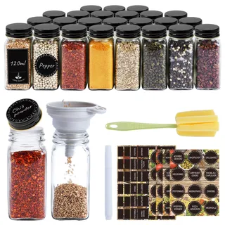 Gewürzgläser Eckig 24er Set 120ml – Gewürzdosen mit Streueinsatz, luftdichtem Schraubdeckel, Inkl. Trichter-Etiketten-Marker & Reinigungsbürste, Gewürzbehälter Glas für Küche & Schublade, SchwarzGold