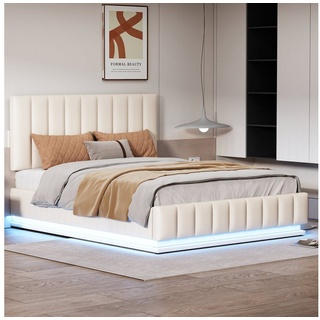 WISHDOR Polsterbett Doppelbett mit höheverstellbarem Polsterkopfteil (140 x 200 cm ohne-Matratze), Modernes Bett mit LED, Einfach zu montierender Bettrahmen beige
