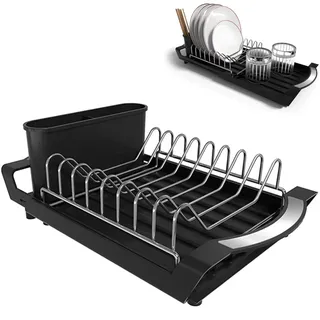 katmerio Abtropfgestell Geschirr, Edelstahl Geschirrabtropfgestell, Kompaktes Erweiterbares Abtropfgestell mit Besteckabtropffläche, Besteckhalter, Küchen Geschirr Abtropfständer/29 * 20cm, Schwarz