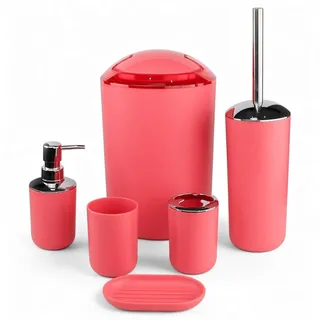 6tlg Badset Badezimmer Zubehör Set Organizer: Seifenspender, Zahnputzbecher, Kosmetikeimer, WC Bürste und Halter, Seifenschale, Mülleimer, Zahnbürstenhalter, Badgarnitur (Lachs-Rot Design 3)