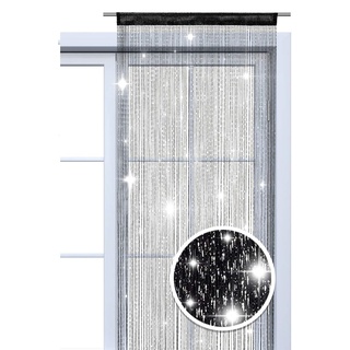wometo Faden-Vorhang Glitzer-Vorhang 90x245 - schwarz-Silber glänzender Deko Schal transparent halbtransparent Weihnachten