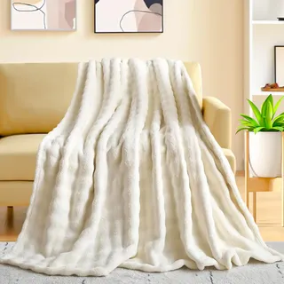 KOIUEYW Weiß Kuscheldecke, Warme Kuschelige Sofadecke Kuschelig Couch Decke Wohndecken, Flauschige Blanket Streifen Design Kuschelige Decke für Sofa Wolldecken für Couch, 100 x 150 cm