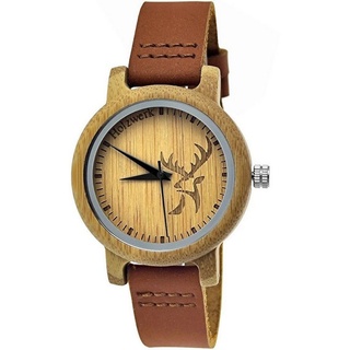 Holzwerk Quarzuhr GERA kleine Damen Leder & Holz Armband Uhr, Hirsch Logo, braun, beige