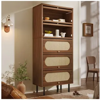 Odikalo Sideboard Eckschrank Mehrzweckschrank Wohnzimmerschrank mit Stauraum (Nussbaum mit Rattan 80x40x163 Hochschrank 5 Klappen Kommode Holz Metallbeine großer Stauraum Wohnzimmer Flur Küche Schrank), 80x40x163 cm