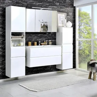 Komplett Badezimmer Set Hochglanz 100cm Waschtisch & LED Spiegelschrank Badmöbel