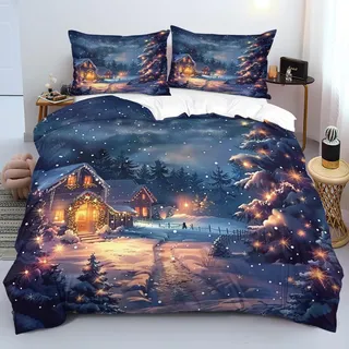 Tospass Weihnachts Bettwäsche 135 x 200 cm Dorf-Weihnachtsbaum Warmes Weiche Bettwäsche Set Weihnachten Microfaser Bettbezug mit Reißverschluss und 1 Kissenbezug 80x80 cm