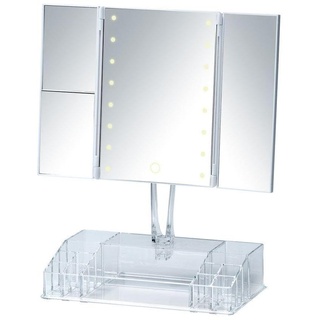 WENKO LED Standspiegel mit Organizer Fanano, Kosmetikspiegel mit LED-Beleuchtung und 3 Seiten, 100 % Spiegelfläche und 2-fach bzw. 3-fach Vergrößerung, schwenkbar, Touchfunktion, 34,5 x 39 x 16,5 cm