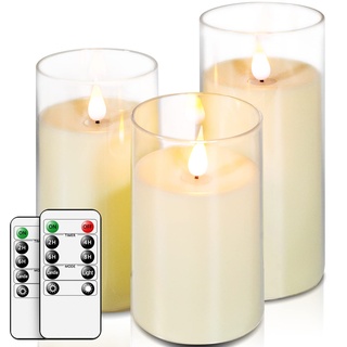 salipt LED Kerzen im Glas, Flammenlose Kerzen mit Beweglicher Flamme, Elektrische Kerzen mit Fernbedienung, 3er-Set Kerze mit Timer, Durchmesser 7.6 cm, Höhe 12.7 15.3 17.8 cm - Weiß