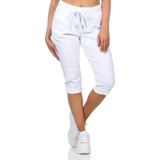 Aurela Damenmode 7/8-Hose Damen Sommerhose Capri Jeans Kurze Hose Bermuda in sommerlichen Farben, Taschen und Kordelzug, 36-44 weiß 46-48
