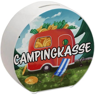 Spardose aus Keramik mit Camper Motiv und Text - Wohnwagen im Wald Campingkasse für Camper und für die nächste Reise eine lustige Geschenkidee für Menschen die gerne mit dem