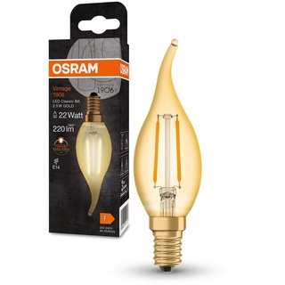 OSRAM Vintage 1906 Classic BA FIL LED-Lampe, E14, Kerze mit gebogener Spitze, gold, 2,5W, 220lm, 2400K, warmweiße Komfortlichtfarbe, sehr geringer Energieverbrauch, lange Lebensdauer