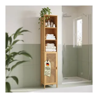 Bellamio Badregal Raba, Badschrank aus Bambus & Rattan, 30×29×170 cm, Hochschrank mit 5 Fächern & 1 Tür, robst und langlebig