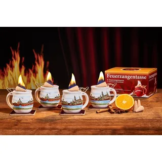 Feuerzangentasse Bowle-Set Feuerzangentasse 4er-Set (Feuerzangenbowle Set, 9-tlg., 4x Feuerzangentasse, 4x Korkuntersetzer, 1x Rezeptheftchen), hitzebeständige Keramik, Edelstahl-Feuerzange weiß