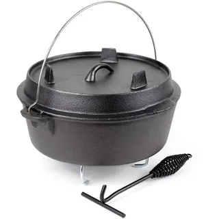 Dutch Oven 8l mit Untersetzer und Deckelheber, Kochtopf aus Gusseisen für Lagerfeuer und Camping