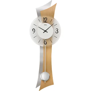 Pendelwanduhr AMS "W7425", silber (silberfarben, buchefarben), Wanduhren, B/H/L: 23cm x 8cm x 70cm, Quarzuhr, Holz-/Aluminiumgehäuse,Esszimmer,Wohnzimmer,Made in Germany