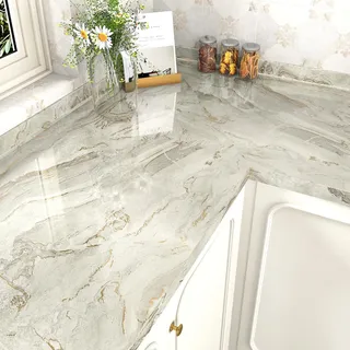 HotDecor Klebefolie Marmoroptik Tapete Beige Gold Selbstklebende Marmor Folie Arbeitsplatte Küche Dekofolie Möbelfolie Selbstklebend Abwaschbare Tapete Küche Klebefolie für Schrank 40cm X 200cm