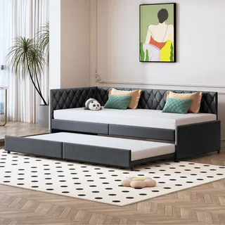 BRYXR Schlafsofa 90x200 cm mit Ausziehbett, Samt Tagesbett mit Lattenrost, Design Polsterbett 2-Sitzer Sofa mit Schlaffunktion für Gästezimmer Wohnzimmer & Jugendzimmer, Grau