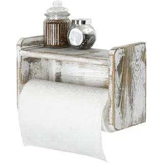 MyGift Küchenrollenhalter, Shabby Weiß gewaschenes Holz Landhausstil Wandmontierter Küchen-Serviettenhalter mit oberem Ablagefach Gewürzregale