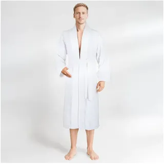 HAMMETEX Herrenbademantel hergestellt aus 100% Baumwolle – 380 g/m2 Frottee, mit Taschen, Langform, Baumwolle, Schalkragen, Gürtel, saugfähig & Weich weiß L