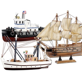 3er-Set Schiff-Bausätze Fischkutter, Flaggschiff & Schlepper, aus Holz