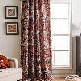 Tokusyou Vintage Boho Gardinen Landhaus Vorhang Blickdicht Bohemian Rot Leinenoptik Jacquard Baumwolle Ethno Geometrie Vorhänge mit Quaste Rod Pocket für Küche Wohnzimmer 1er Set B150×H180cm