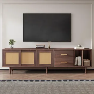 RAPRAP Tv Schrank Holz 190 Cm für 75 Zoll - Tv Lowboard Stehend Mit Rattan & 6 Beinen, TV Board Holz Braun Mit 3 Türen (2 Schiebetüren + 1 Zugtür), Fernsehschrank Mit 2 Schubladen (190cm A)