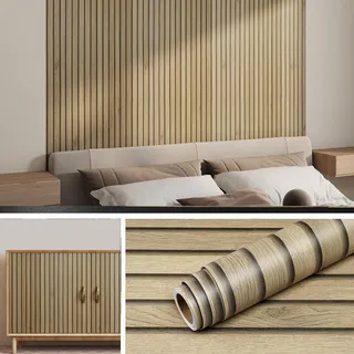 Livelynine Tapete Holzoptik Braun 40CMx5M Klebefolie Holzoptik Lamellenwand Holz Decken Möbelfolie Holz Braun Schrank Wandtapete Selbstklebend 3D Paneele Effekt Tapete Schlafzimmer Wohnzimmer