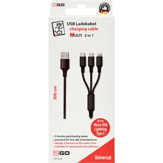 2Go 3 in 1 USB Ladekabel - schwarz - 300cm