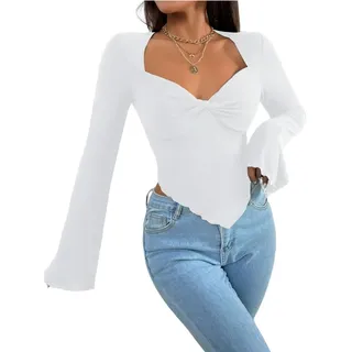 Rongseng Damen Langarmshirt Sweetheart Ausschnitt Oberteil Elegant Langarm Crop Top Sexy Fitted Tees Shirt Twist Front Asymmetrisches Langarm Pullover Trendy Casual Longshirt Bluse Rüschen Streetwear - M