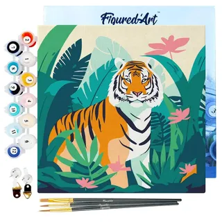 Figured'Art Mini Malen Nach Zahlen Erwachsene Mit Rahmen 20x20cm Kleines Format - Tropischer Bengal-Tiger - Paint by Numbers Basteln DIY Bastelset Leinwand gespannt auf Holzrahmen
