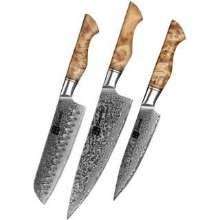 Kensaki 3er Messerset aus Damaszener Stahl Küchenmesser Japanischer Art hergestellt aus 67 Lagen Damaststahl – Kiniro Serie, KEN-123, 3er Set