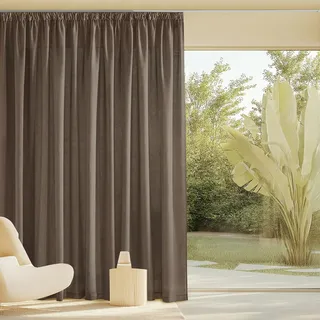 PONY DANCE Übergardinen mit Kräuselband Wohnzimmer Gardinen für Große Fenster 1er Set H 245 x B 300 cm Braun, Schienen Gardinen Vorhang Leinen Halbtransparent Boho Linen Curtains