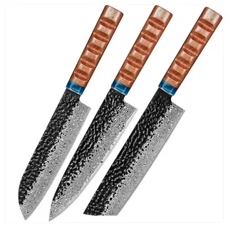 UniqueFire Messer-Set 3-teiliges Küchenmesser-set VG10 Damaszener Stahl Holzgriff (3-tlg) braun