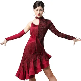 kzytamz Damen Fransen Latein Tanzkleider Hoher Kragen Latein Turnierkleid Ballsaal Salsa Samba Cha Cha Rock mit abfallendem Saum Walzer Performance Kleid Foxtrot Praxisrock