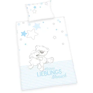Herding 2685919063 - Lieblingsmensch, blau, Flanell Bettwäsche Set, Bio Cotton, Mehrfarbig, 40 x 60 cm, 100 x 135 cm