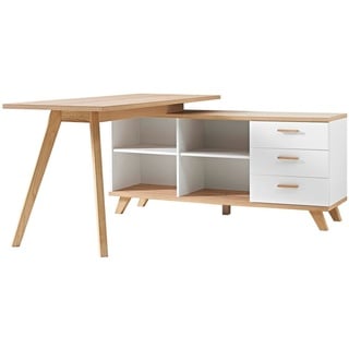 bümö Schreibtisch snowoak mit integriertem Sideboard in Weiß/Eiche - Schreibtisch mit Regal, Bürotisch mit Stauraum für Ordner & Co. für Bür...