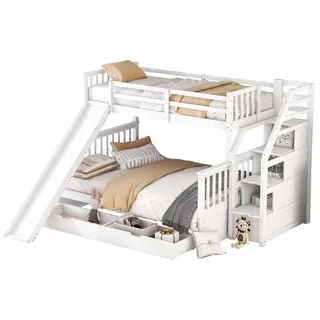 HAUSS SPOLE Kinderbett Etagenbett Holzbett Kinderbett Hochbett Bettrahmen Einzelbett (mit Schubladen, Stauraum und Rutsche, multifunktional, 90 x 200 über 140 x 200), Ohne Matratze weiß