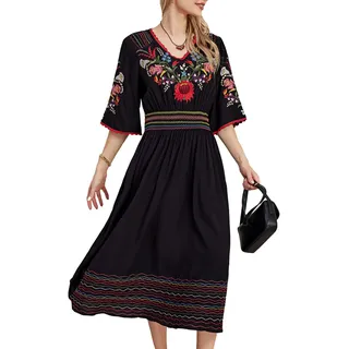 drakloak Damen Bohemian Stickerei Kleid Boho Mexican Peasant Dress Hippie Bohemian Kleider Halbarm - XL