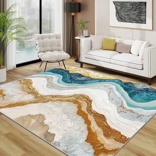 TerroVee Marmor Waschbarer Teppich, Modern Luxus Abstrakt Teppich 100x200 cm, Weiß Gold Kurzflor rutschfest Teppiche Für Schlafzimmer Wohnzimmer, Blau Weiß Gold