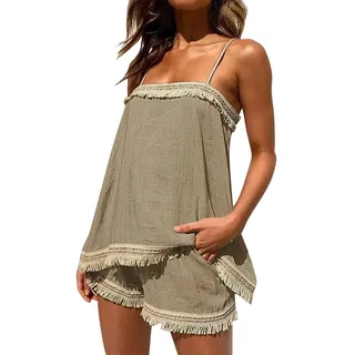 DeaAmyGline Sommer Set Damen Outfit, Zweiteiliger Trägershirt Damen Shorts Set Hose und Oberteil Hosenanzug 2 Teiler Sexy Boho Spitzen Spaghettiträger Tank Top mit Quaste Strand Shorts Sets