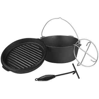 Mucola Dutch Oven 31x14 cm Gusseisen 9 Liter ohne Füße Schwarz | Feuertopf Schmortopf Bräter Gusstopf inkl. Deckel & Deckelheber | Campingtopf Outdoor BBQ Kochtopf 8-14 Personen Feuerschale Grill