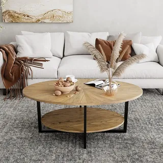 PADMA HOUSE Massivholz Ovaler Couchtisch mit Kreuzmetallbeinen, 110cm moderner Industral Center Tisch mit offenem Regal Cocktail Tee Tisch für Wohnzimmer Schlafzimmer (Rustikal Natur)