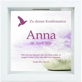Bilderrahmen-Spardose – personalisiert mit Name und Datum – Geschenk zur Kommunion/Konfirmation – Motiv Taube – Geldgeschenk – 3D-Sparbüchse (Konfirmation, Pink)